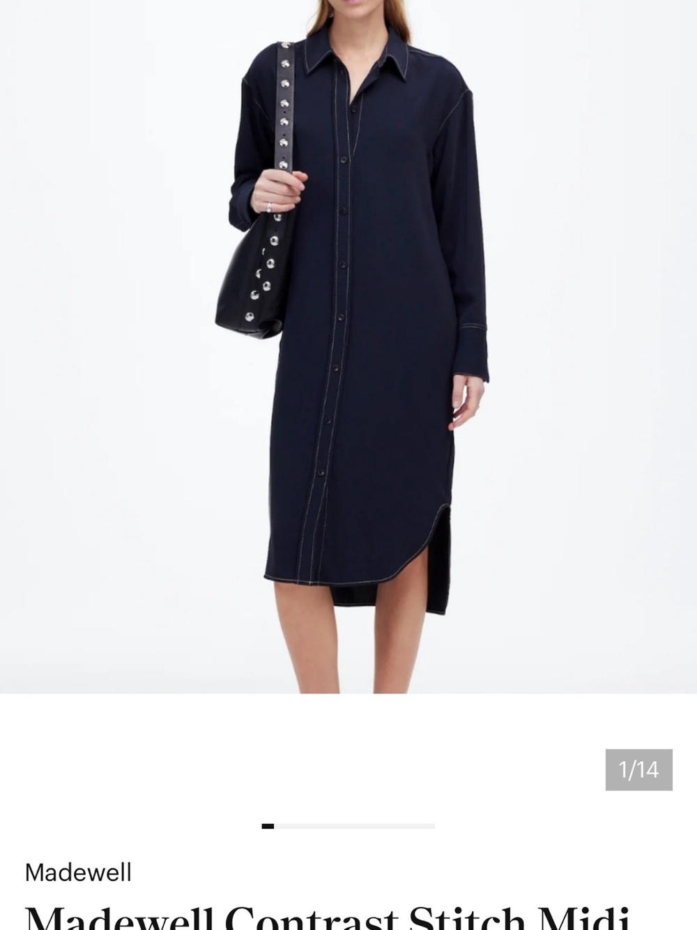 Madewell Navy Button-Front Midi Shirt Dress with Contrast Stitching